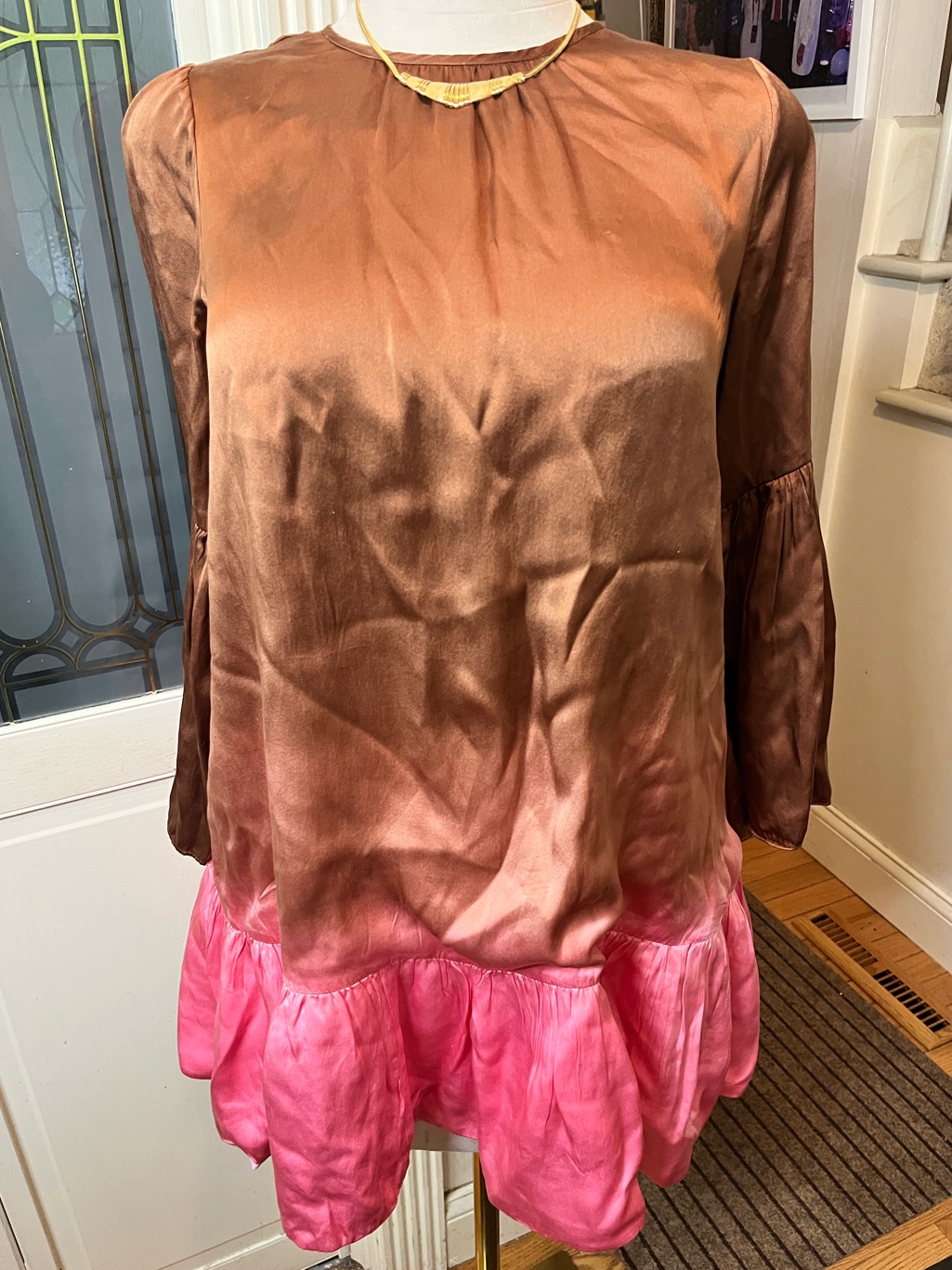Cynthia Rowley Ombr Silk Blend Mini Dress Brown Pink Bell Sleeve Xs Boho Vibes
